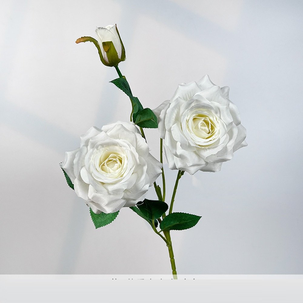 White 2-Head Artificial Rose Stem with Bud 